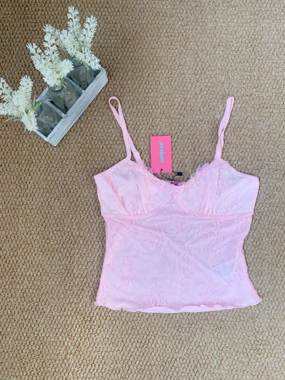 Edikted Pink Lace Mesh Cami Top NWT Size S Fairy Coquette - Picture 3 of 7